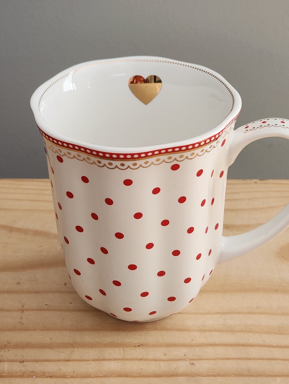 Porcelain Polka Dot Mug with Red Accents and Gold Color Heart